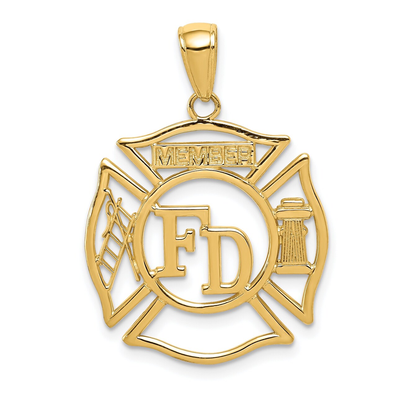 14K Gold FD Member in Shield Charm Firefighter Pendant Jewerly 30mm x 20.5mm